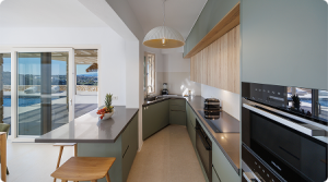 vue sur la cuisine (four, plan de travail, plaques, évier)