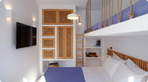 chambre Olympia (placards, banquettes, lit)