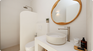 Salle de bain chambre Olympia (douche, lavabo, miroir)